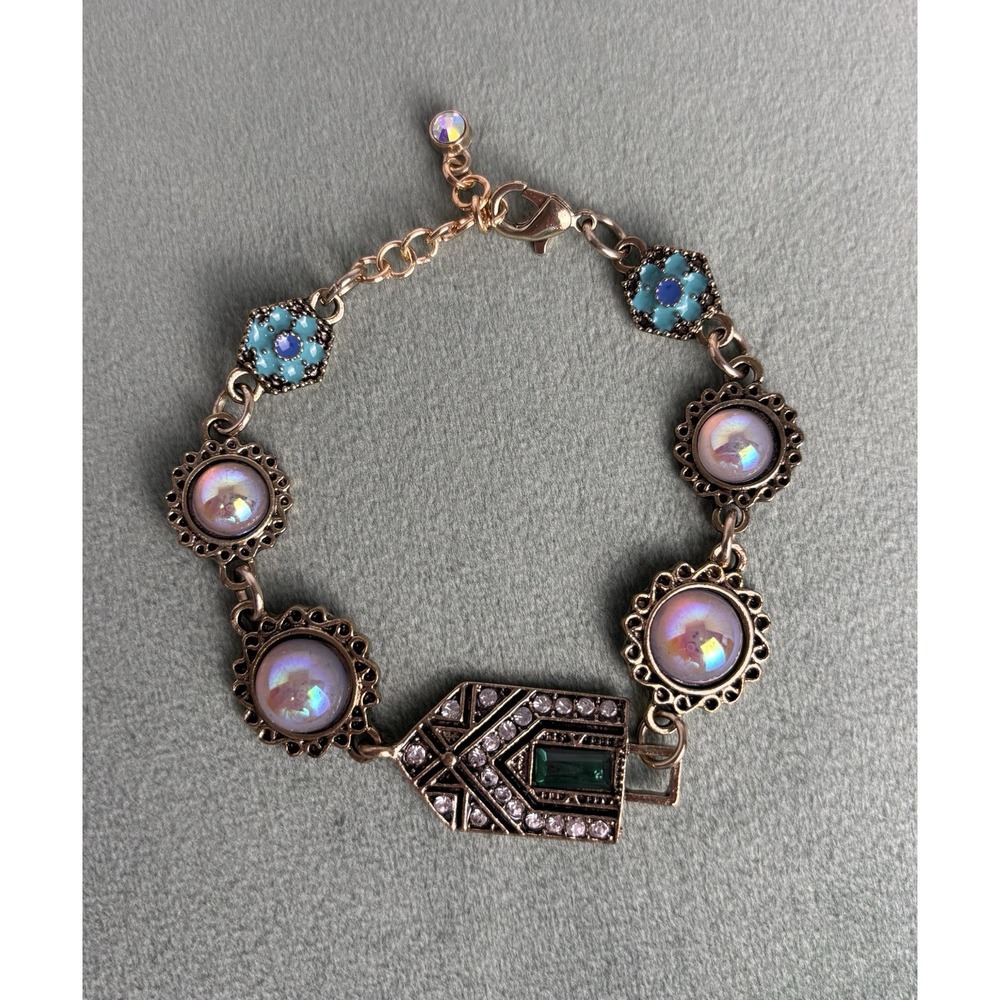 Handmade Bracelet Gold Tone Flowers Art Deco Gem Feminine Elegant‎ 6.5-8" P078